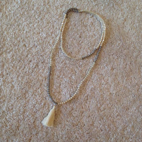 Jewelry - Cream and Grey Beaded Necklace with Cream Tassel